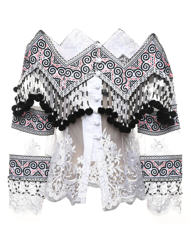 Sheer Effect Embroidered Evening Top - M