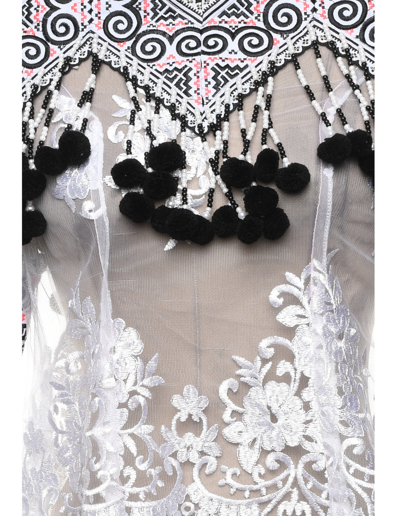 Sheer Effect Embroidered Evening Top - M