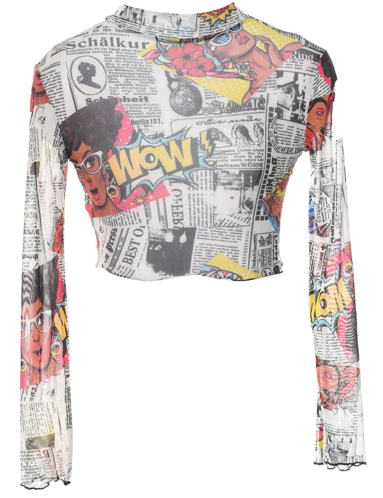 Sheer Effect Wow Magazine Print Cropped Top - XS