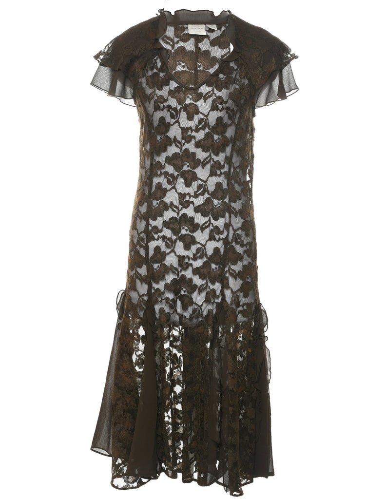 Sheer Lace Dark Brown Evening Dress - S