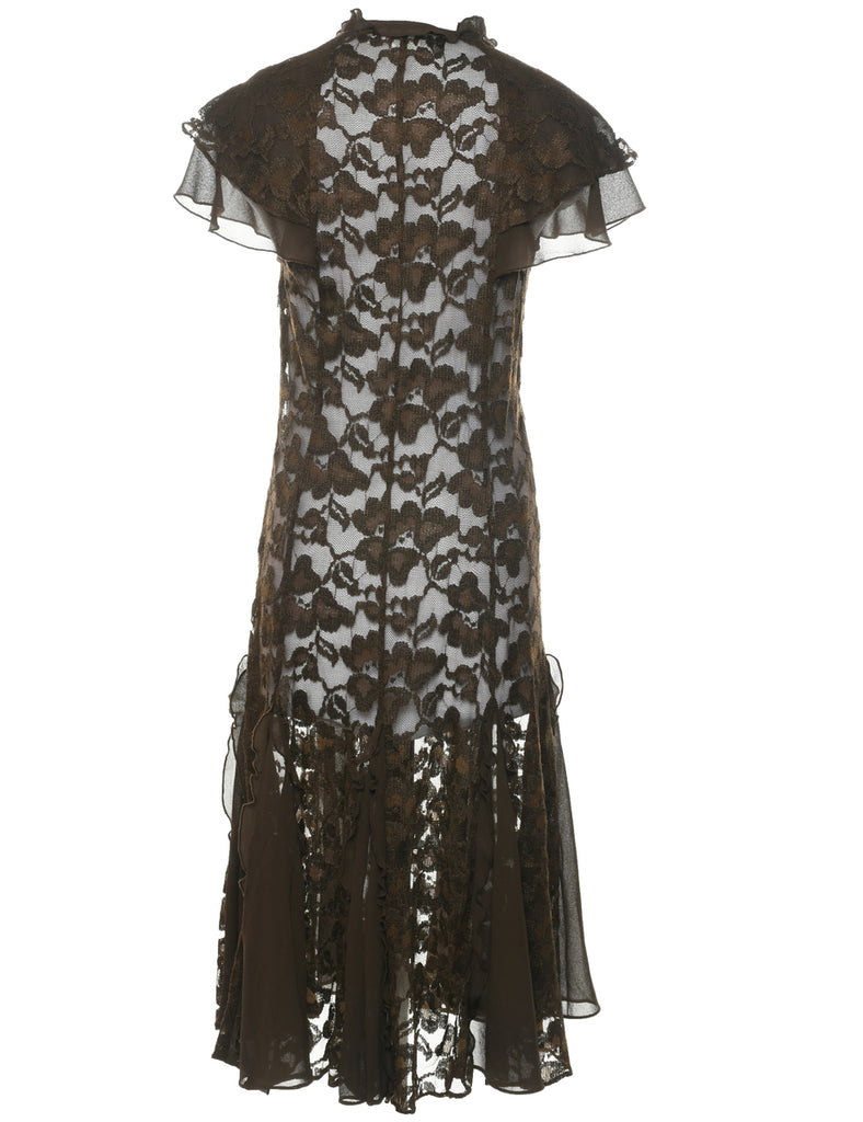 Sheer Lace Dark Brown Evening Dress - S