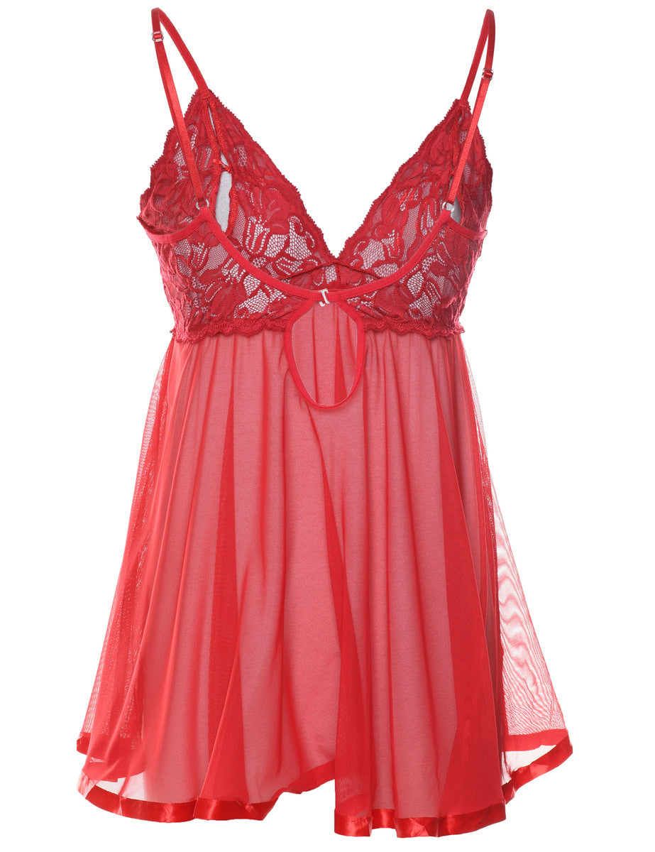 Women's Sheer Red Lace Strappy Babydoll Red, XS | Beyond Retro Women's Sheer Red Lace Strappy Babydoll Red, XS | Beyond Retro