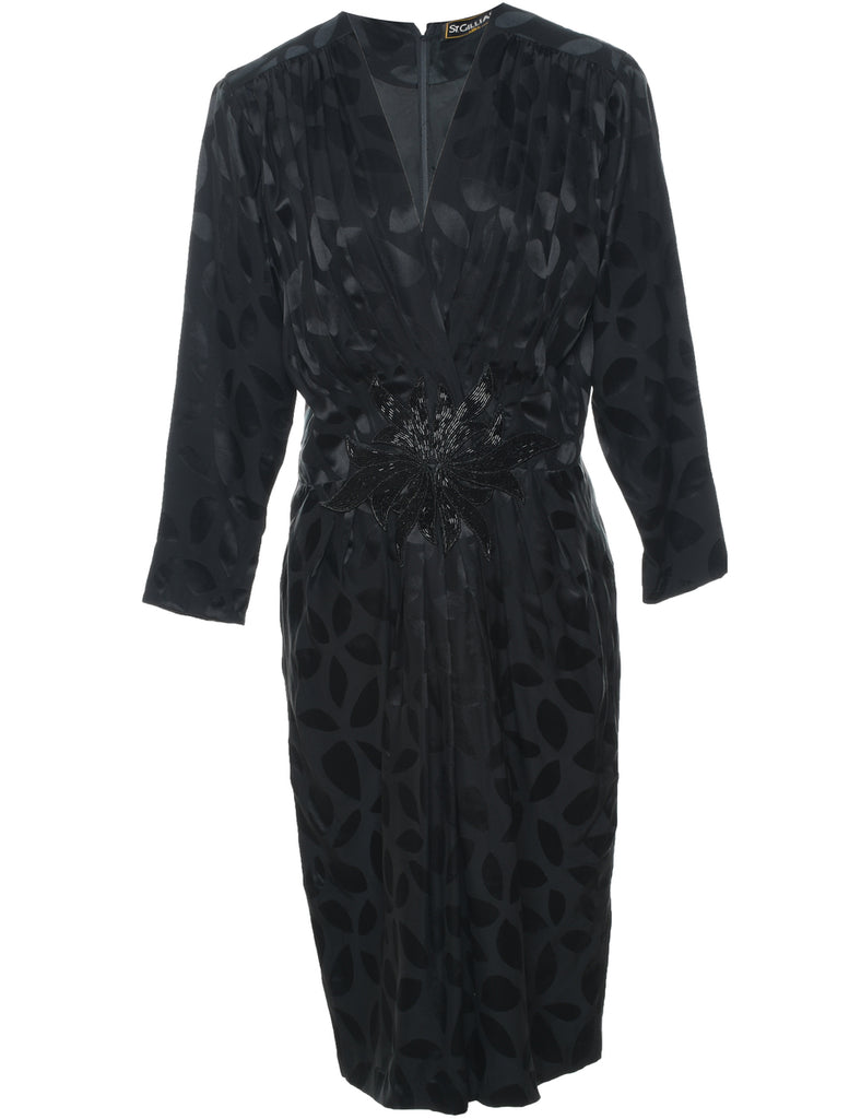 Silk Beaded 1980s Black Evening Dress - L