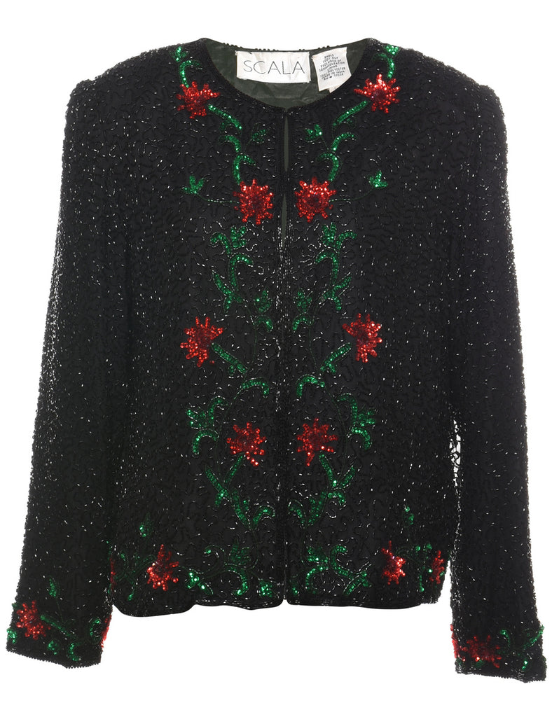 Silk Beaded 1980s Black & Red Evening Jacket - L
