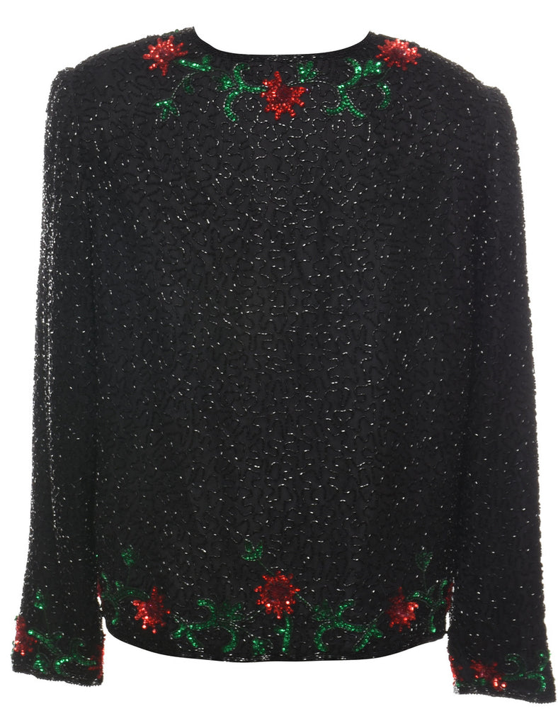 Silk Beaded 1980s Black & Red Evening Jacket - L
