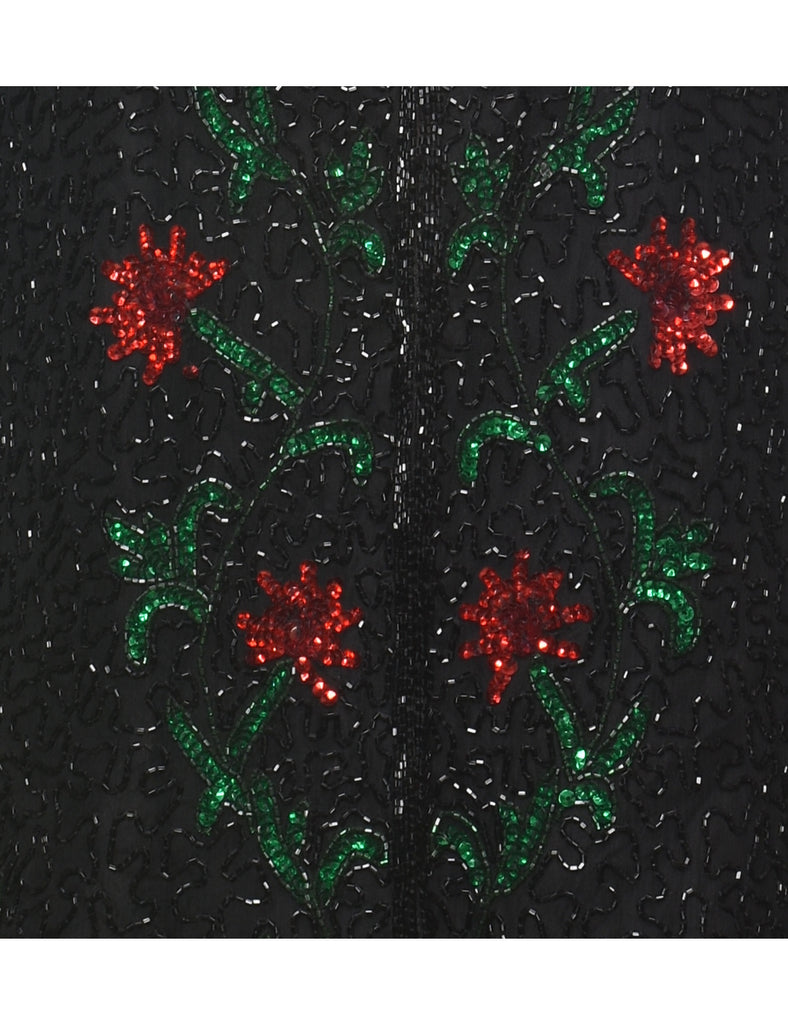 Silk Beaded 1980s Black & Red Evening Jacket - L