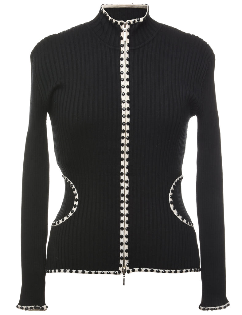 Silk Beaded Black Cardigan - L