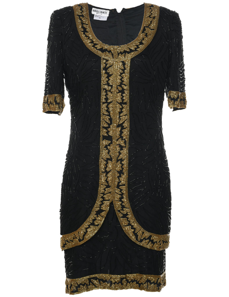 Silk Black Beaded Party Dress - M