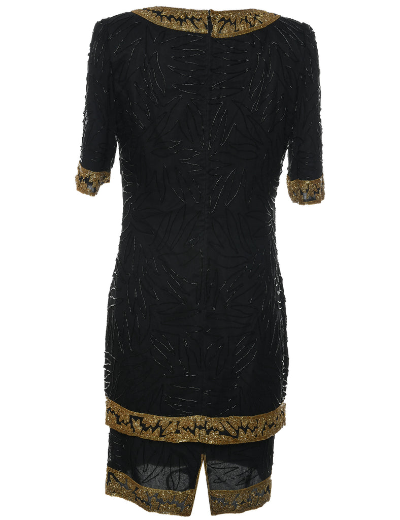 Silk Black Beaded Party Dress - M