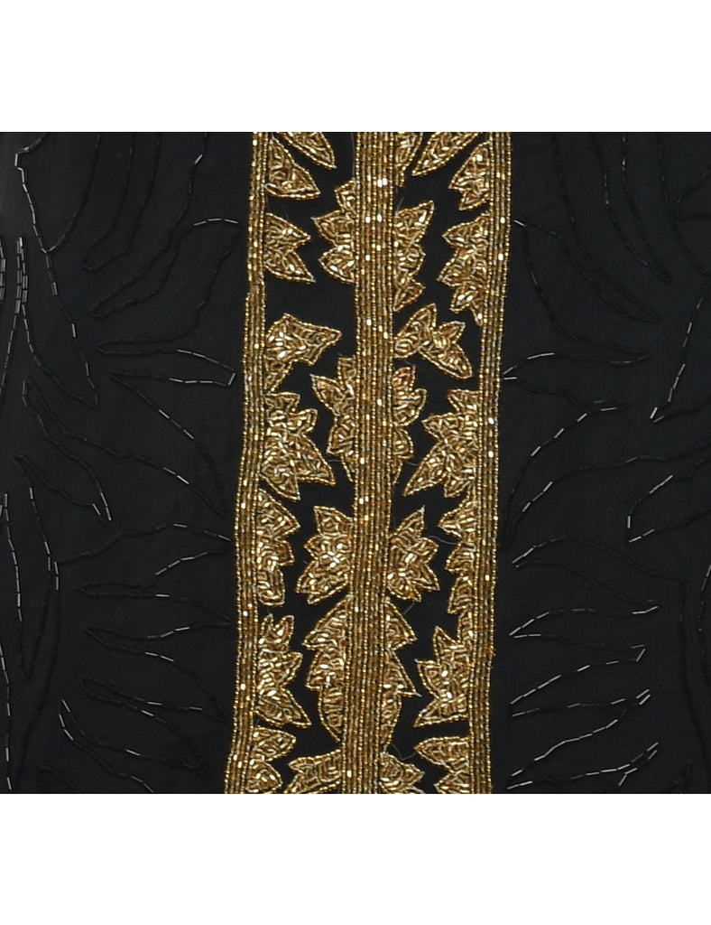 Silk Black Beaded Party Dress - M