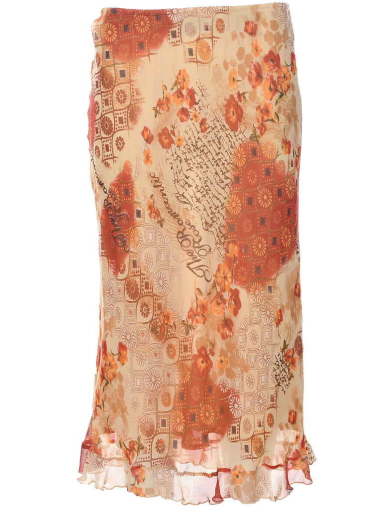 Silk Floral Pattern Maxi Skirt - M