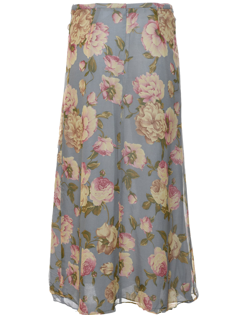 Silk Floral Pattern Maxi Skirt - M
