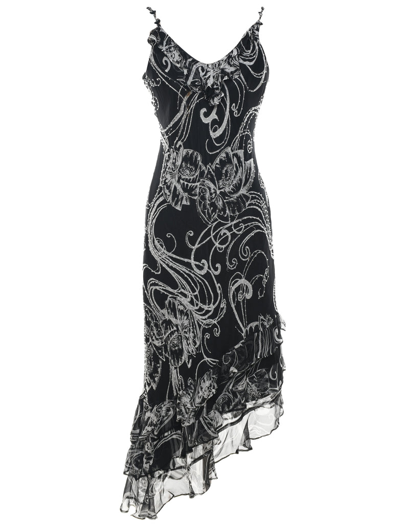 Silk Floral Print Evening Dress - L