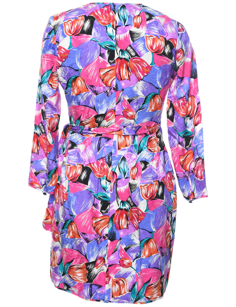 Silk Floral Print Wrap Dress - M