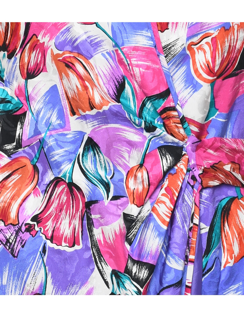 Silk Floral Print Wrap Dress - M