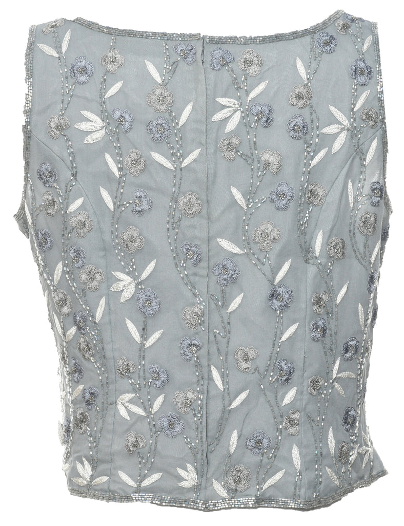 Silk Grey Embellished Evening Top - M