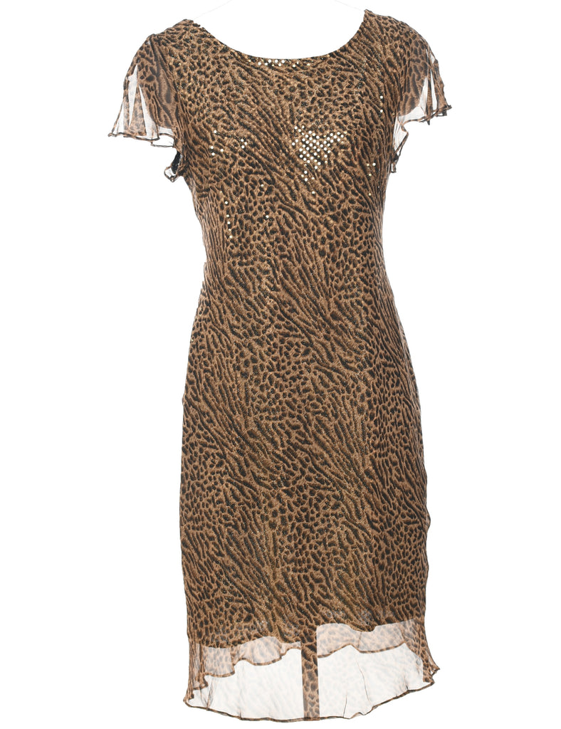Silk Lurex Thread Pattern 1990s Silk Leopard Print Evening Dress - L