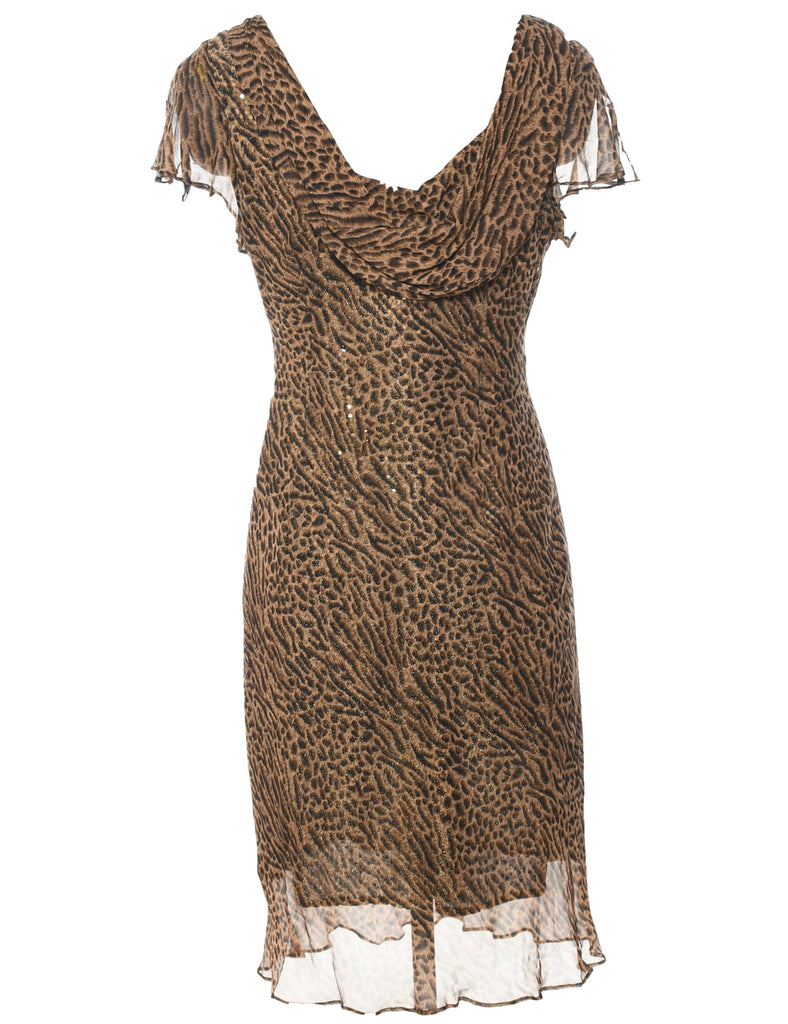 Silk Lurex Thread Pattern 1990s Silk Leopard Print Evening Dress - L