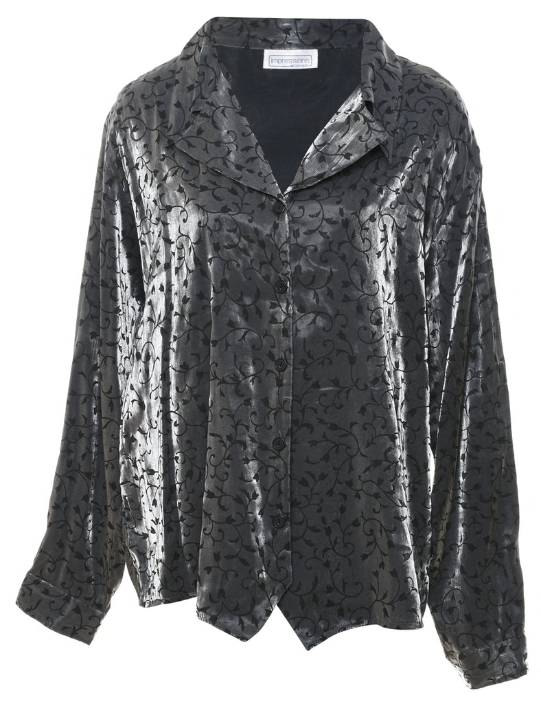 Silver & Black Floral Embroidered Evening Blouse - XL