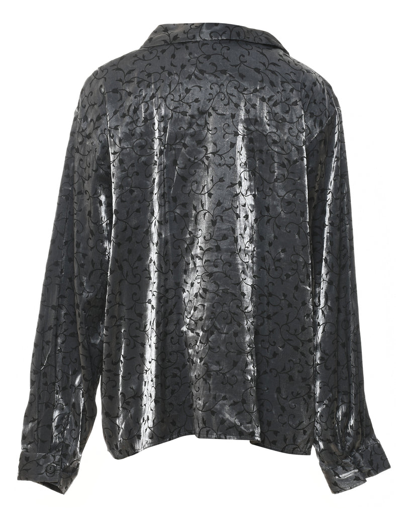 Silver & Black Floral Embroidered Evening Blouse - XL