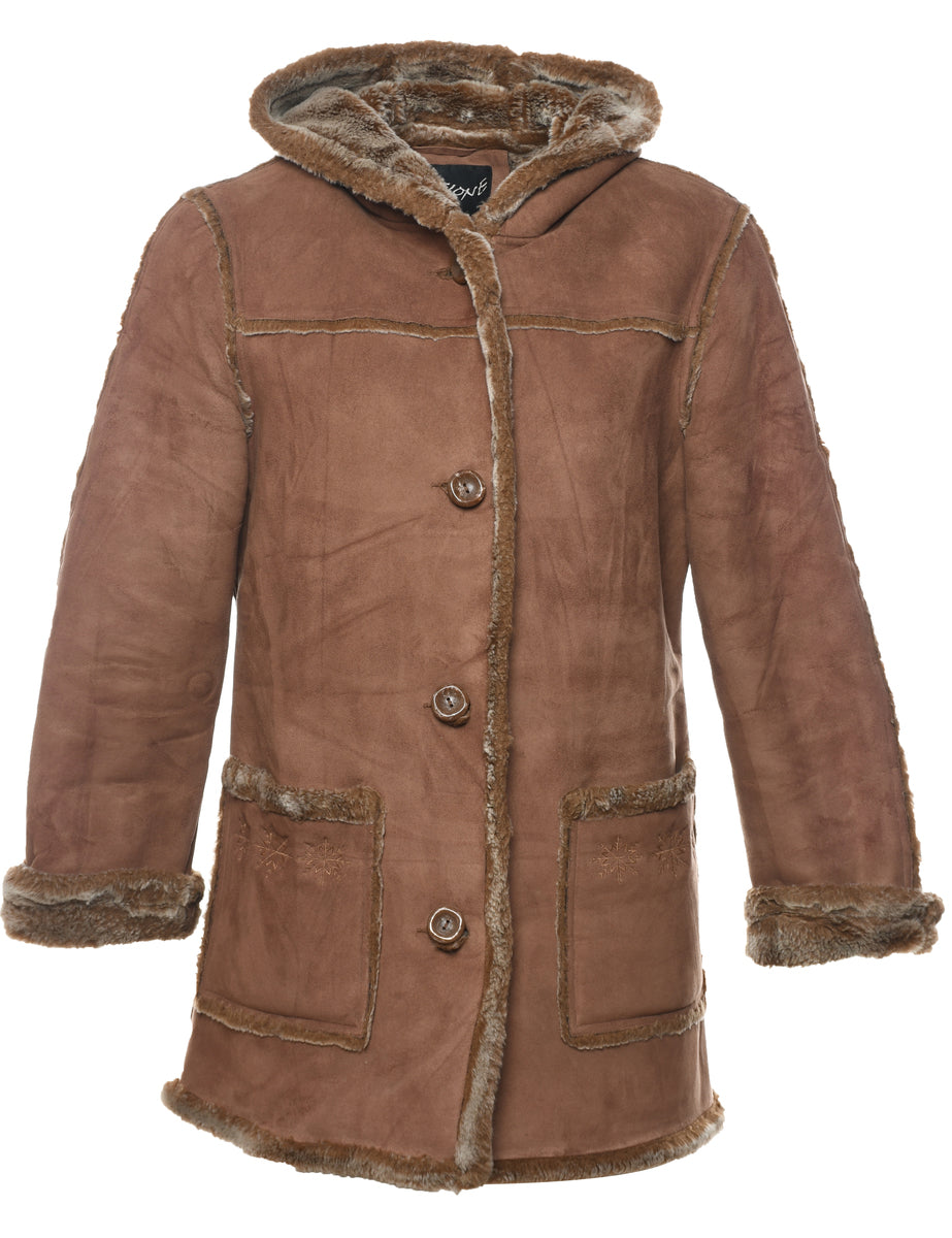 Women's Single Breasted Brown Suede Faux Shearling Lined Jacket