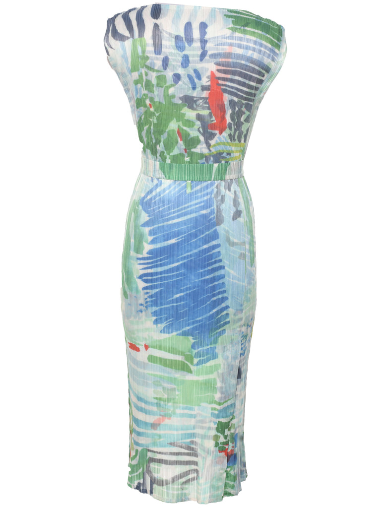 Smocked Abstract Pattern Dress - M