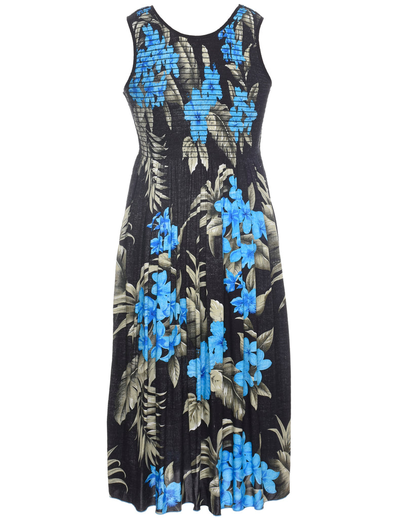 Smocked Floral Pattern Dress - M