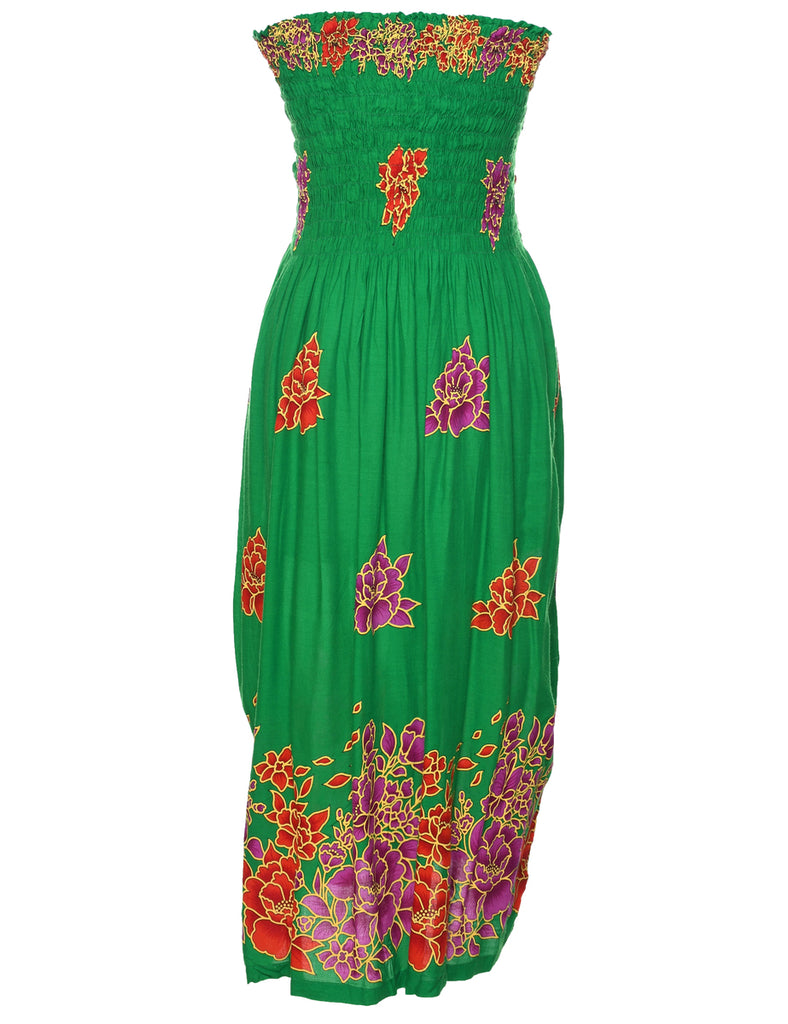 Smocked Floral Pattern Dress - S