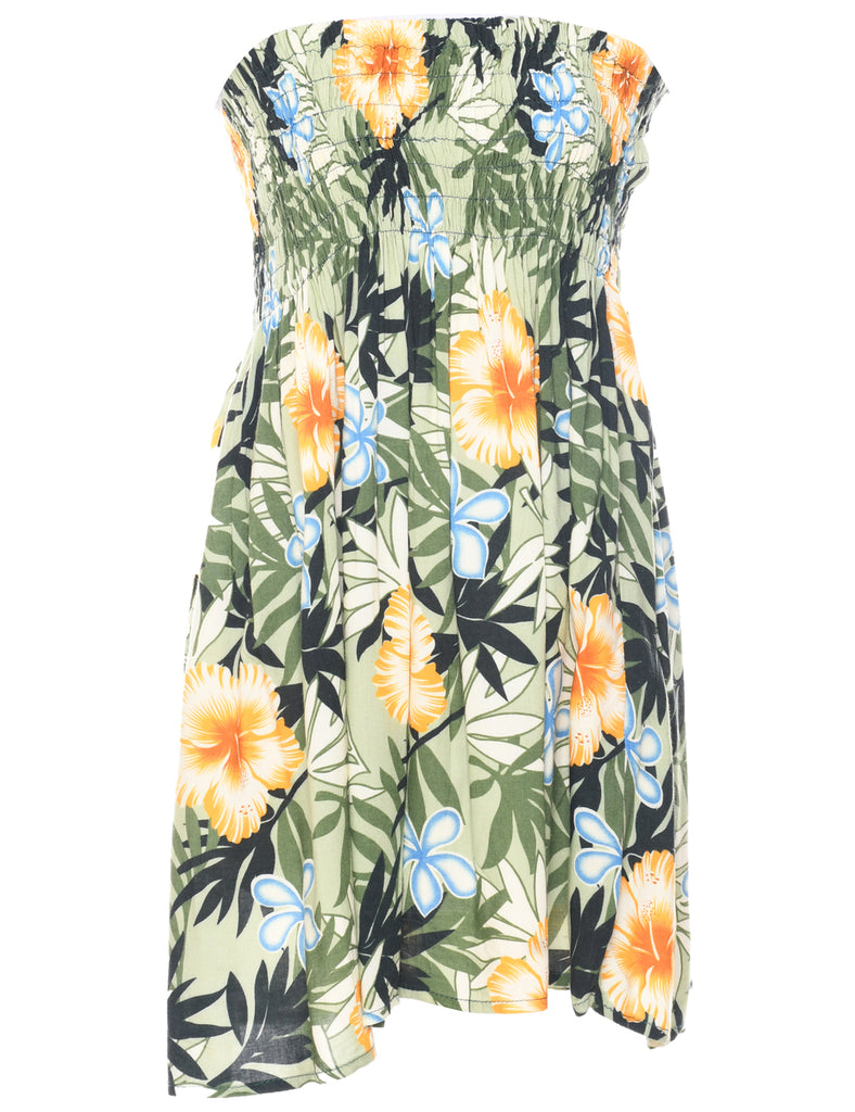 Smocked Hawaiian Print Strapless Dress - M