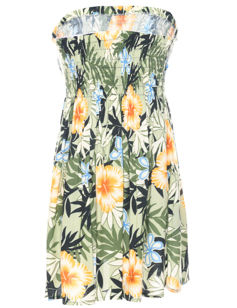Smocked Hawaiian Print Strapless Dress - M