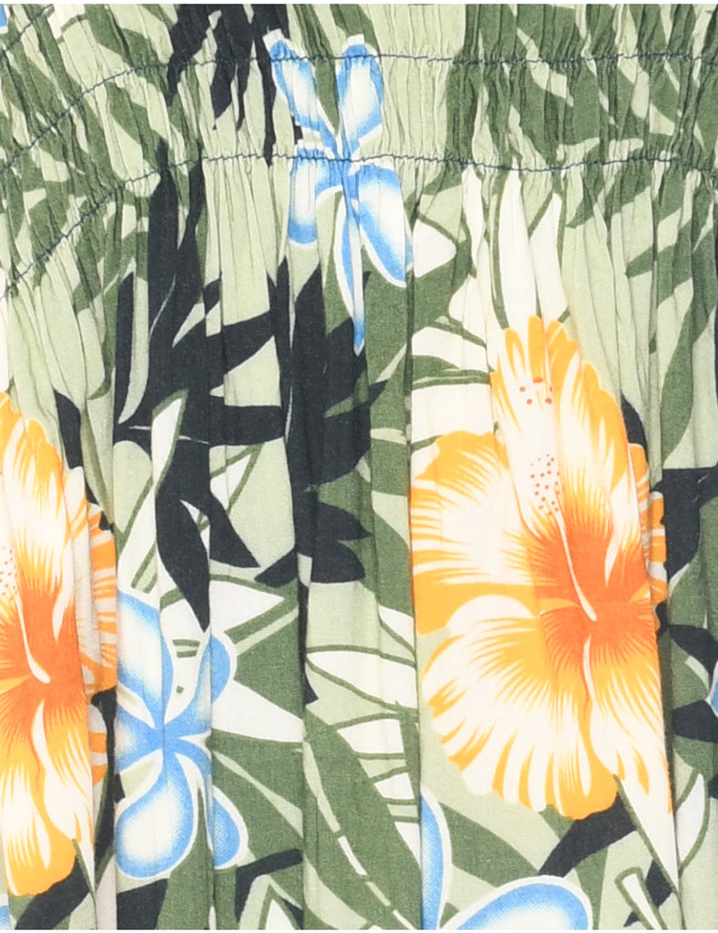 Smocked Hawaiian Print Strapless Dress - M