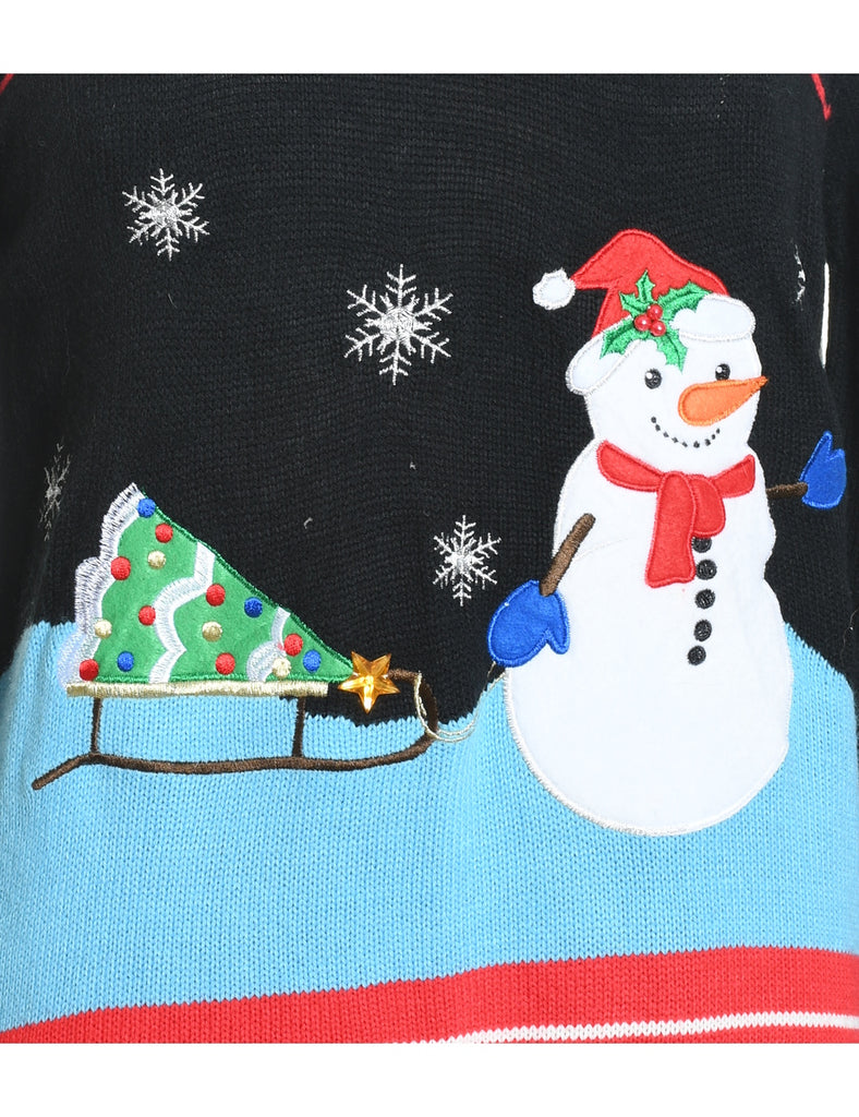 Snowman Design Black Knit Christmas Jumper - L