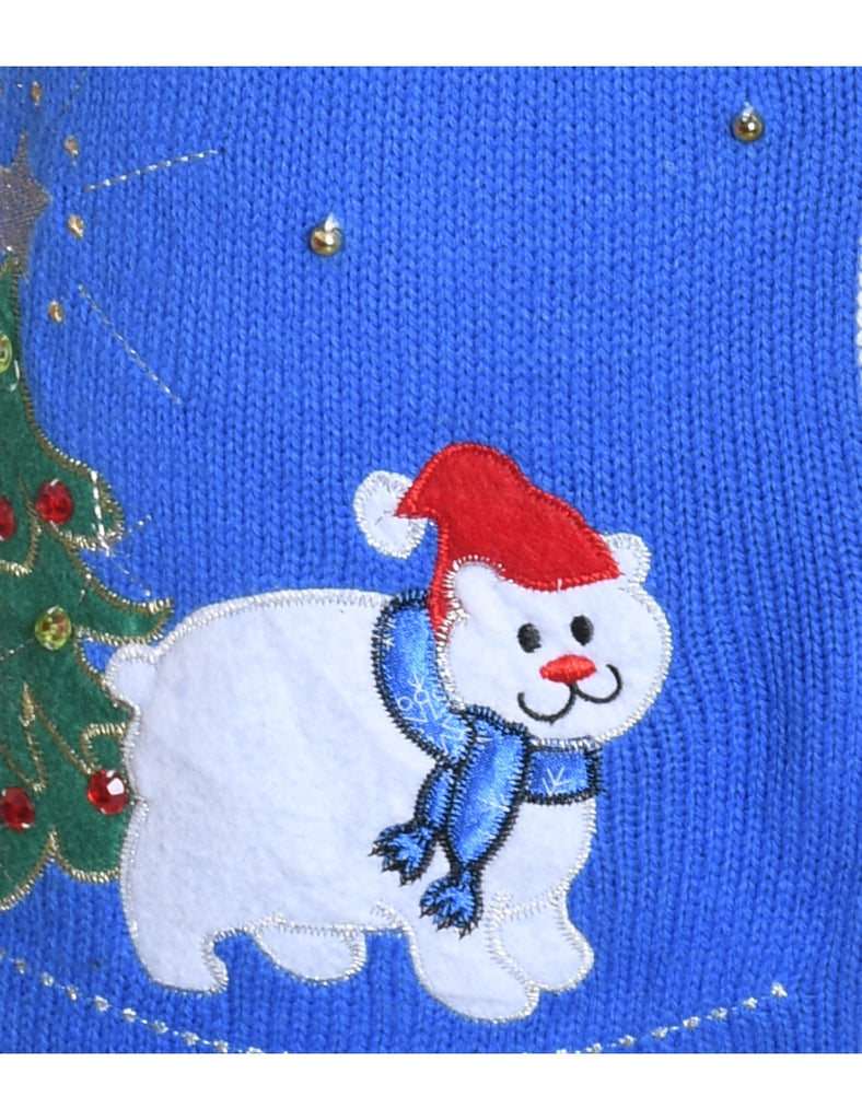 Snowman Design Blue & White Knit Christmas Vest - L