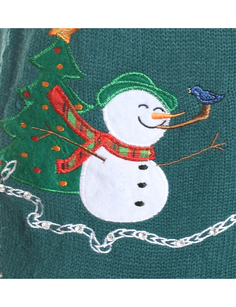 Snowman Design Green Knit Christmas Vest - S