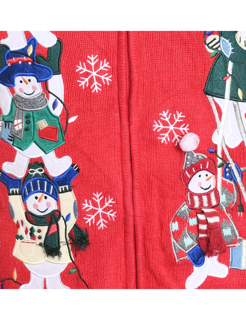 Snowman Design Red Appliqued Christmas Cardigan - S