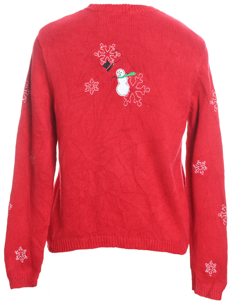 Snowman Design Red Embroidered Christmas Cardigan - M