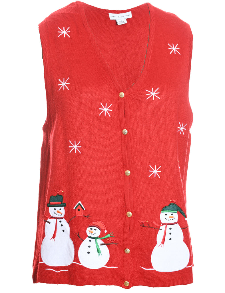 Snowman Design Red Embroidered Christmas Sweater Vest - XL