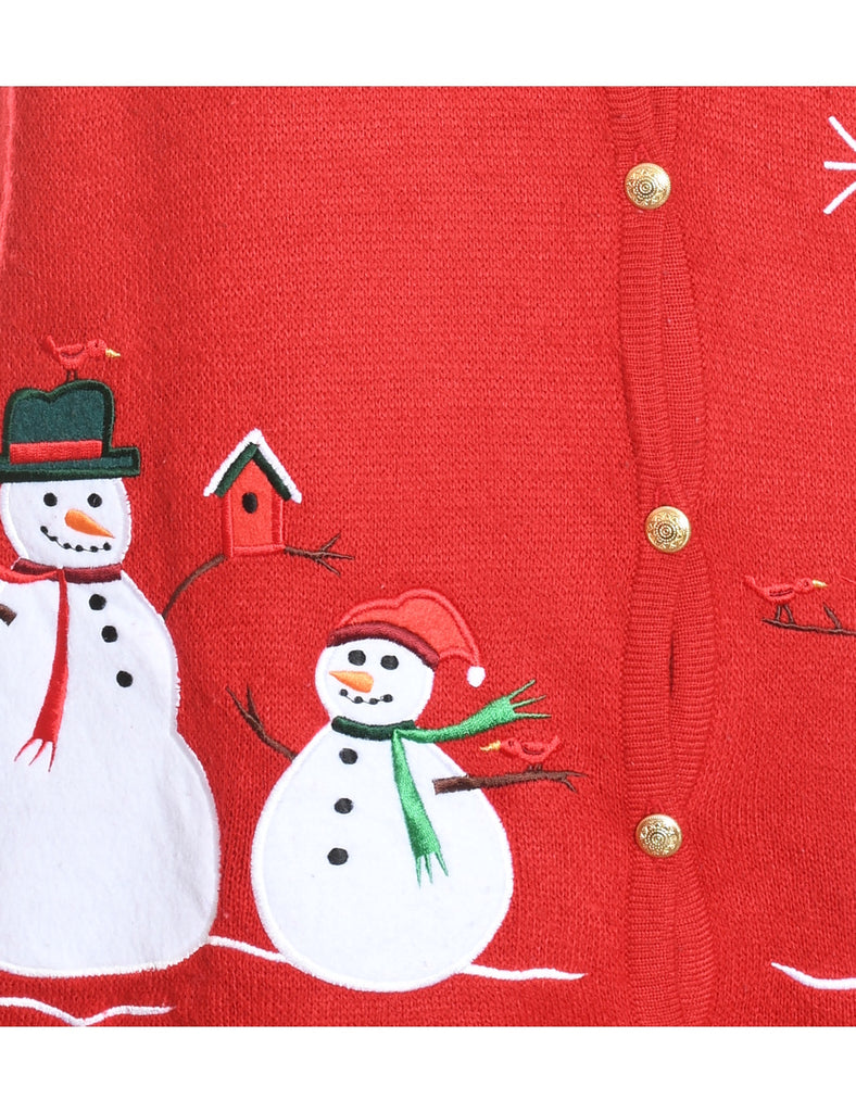 Snowman Design Red Embroidered Christmas Sweater Vest - XL