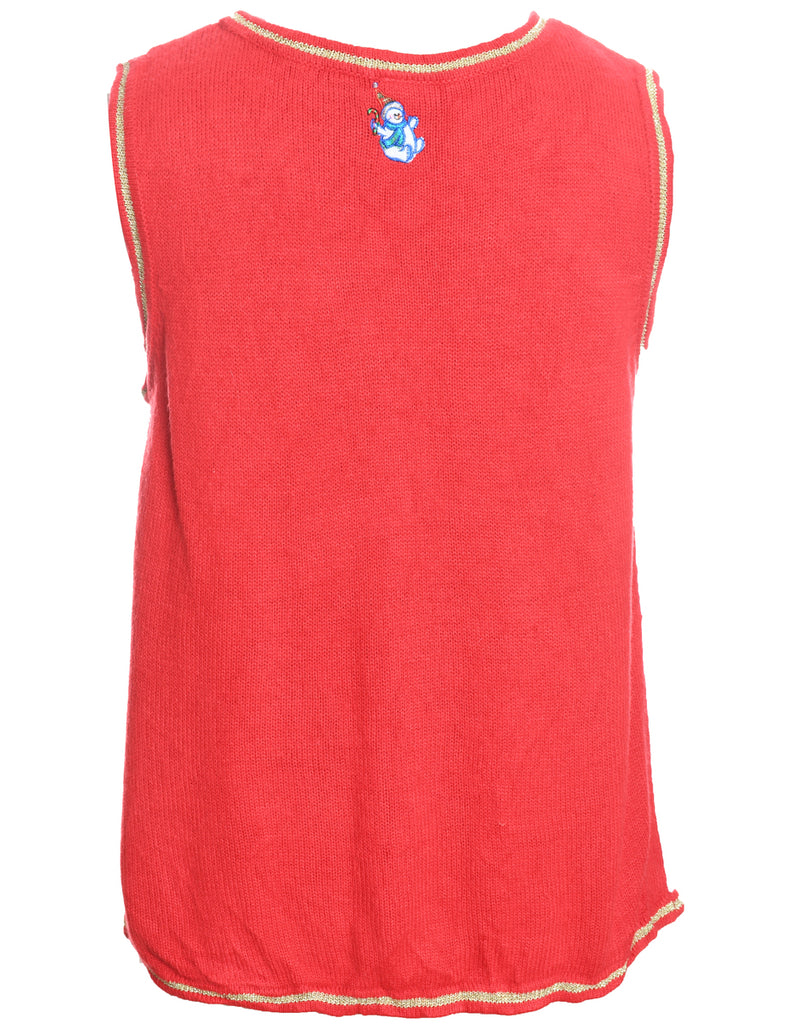 Snowman Design Red Embroidered Christmas Vest - L