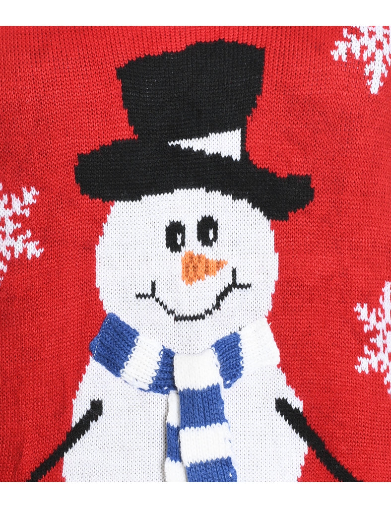 Snowman Design Red Knit Christmas Jumper - L