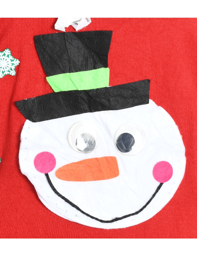 Snowman Design Red Knit Christmas Jumper - L