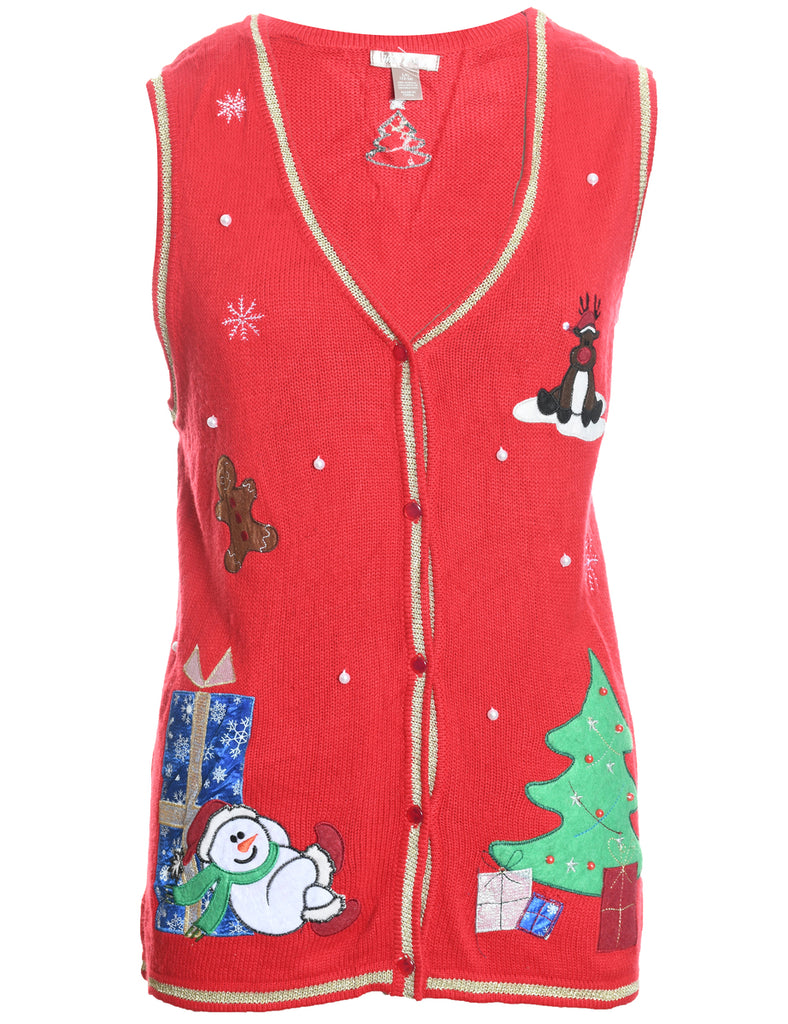 Snowman Design Red Knit Christmas Vest - L