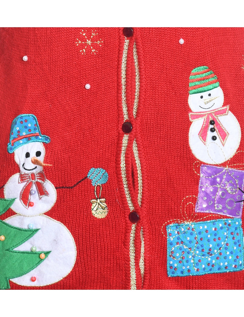 Snowman Design Red Knit Christmas Vest - M