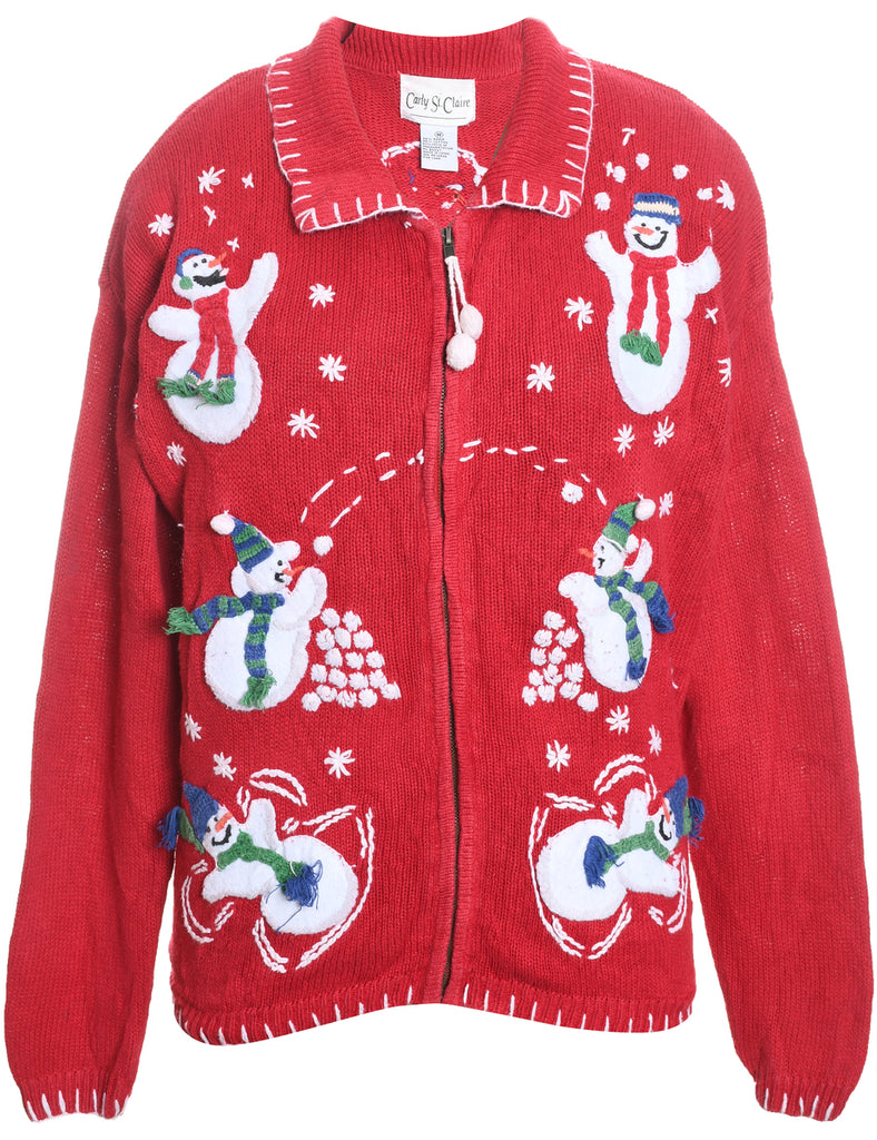 Snowman Design Red & White Zip-Front Christmas Cardigan - M
