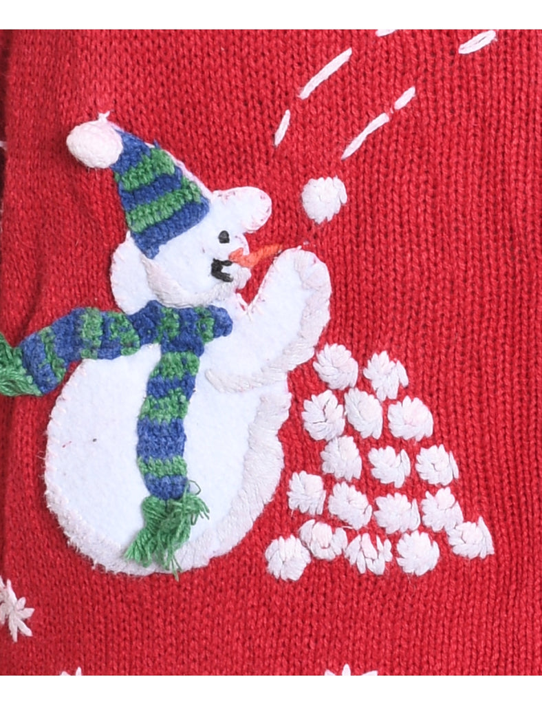 Snowman Design Red & White Zip-Front Christmas Cardigan - M