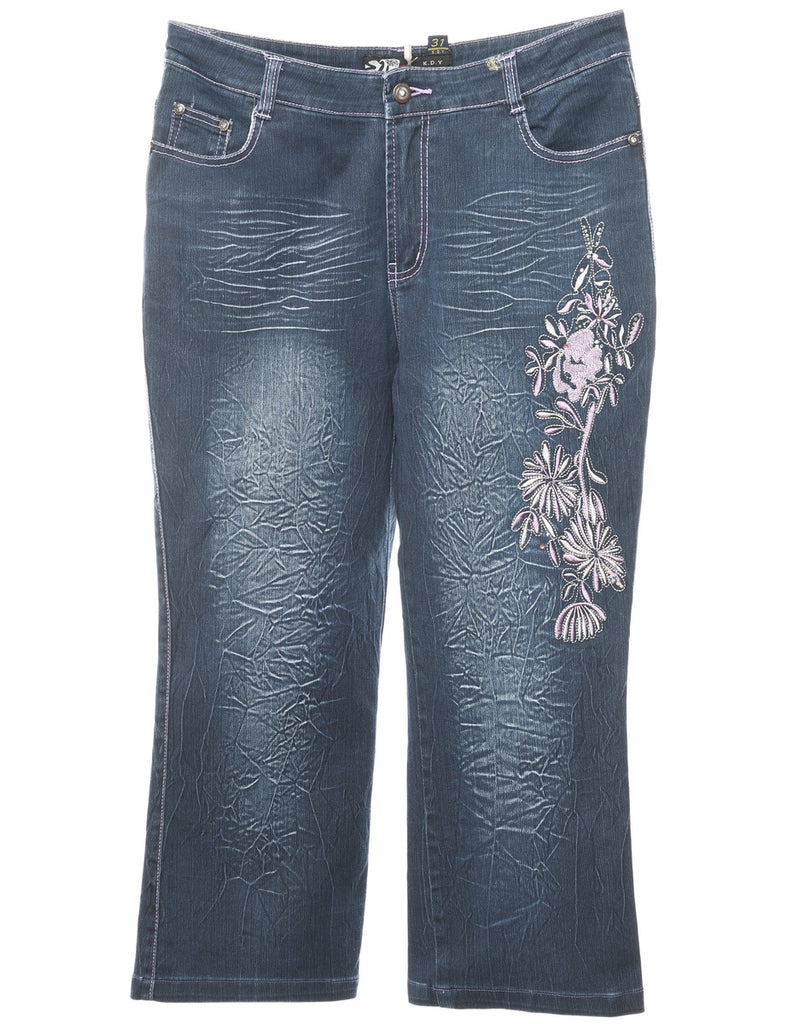 Straight Leg Dark Wash Embroidered Jeans - W30 L22