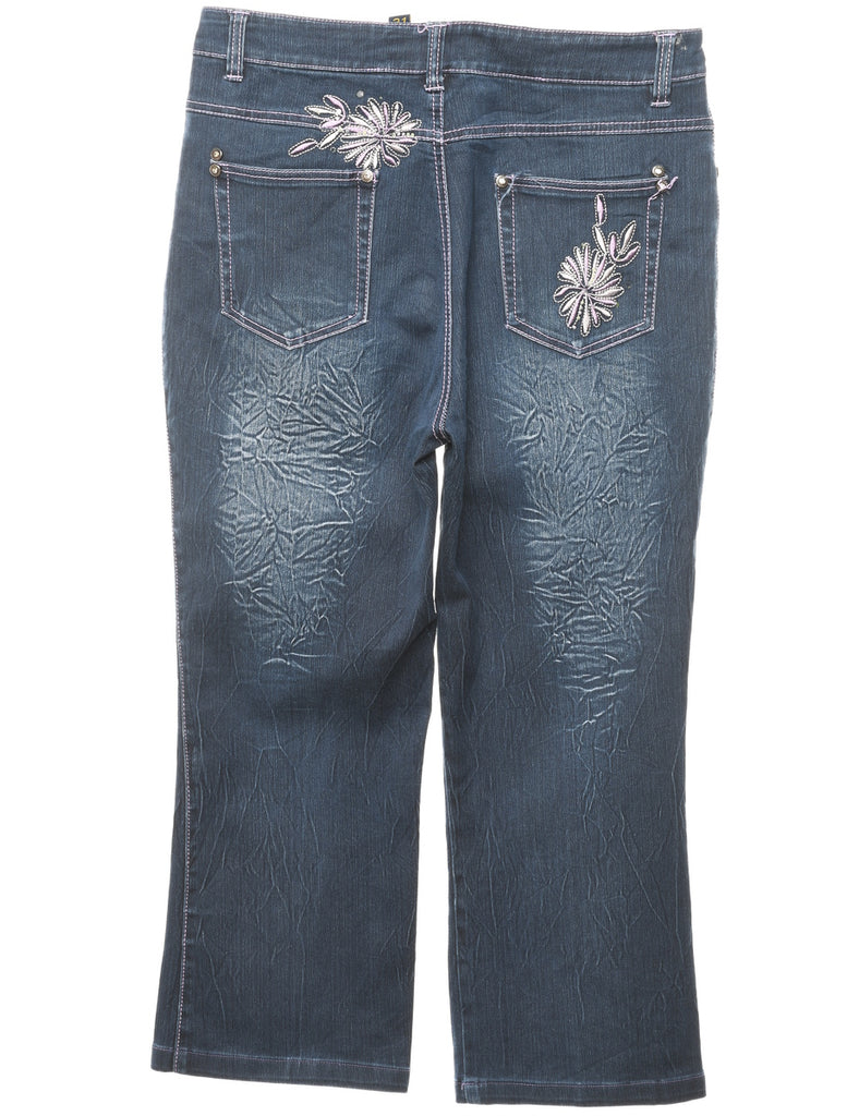 Straight Leg Dark Wash Embroidered Jeans - W30 L22