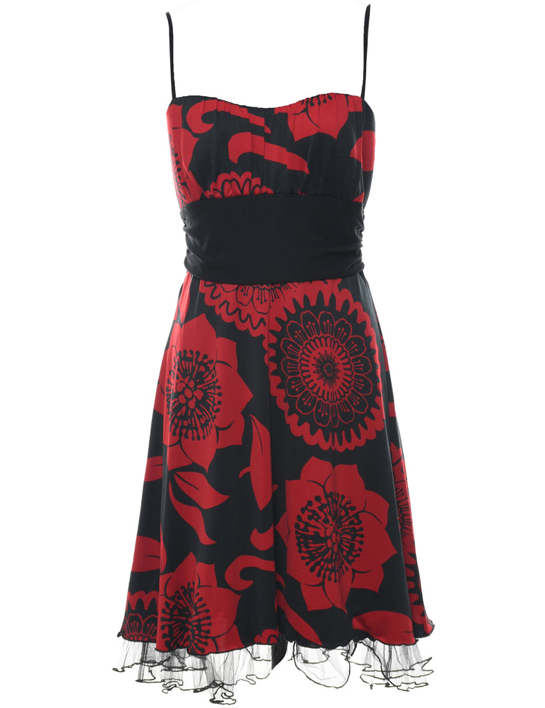 Stretchy Floral Print Black & Red 1990s Evening Dress - M