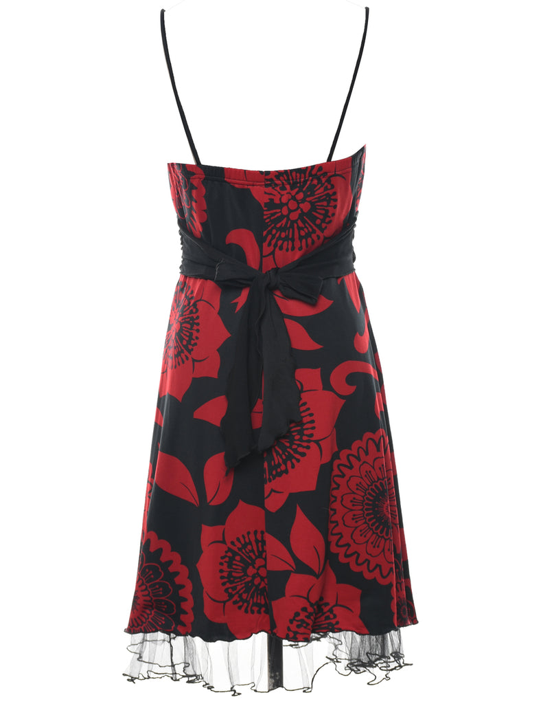Stretchy Floral Print Black & Red 1990s Evening Dress - M