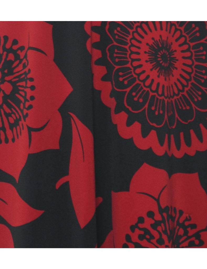 Stretchy Floral Print Black & Red 1990s Evening Dress - M